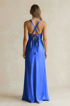 V - Neck Sheath Satin Bridesmaid Dress With Slit in Royal Blue - KissProm Bridesmaid Dresses