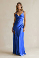 V - Neck Sheath Satin Bridesmaid Dress With Slit in Royal Blue - KissProm Bridesmaid Dresses