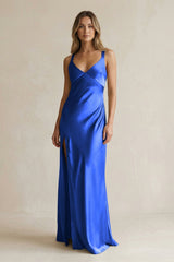 V - Neck Sheath Satin Bridesmaid Dress With Slit in Royal Blue - KissProm Bridesmaid Dresses