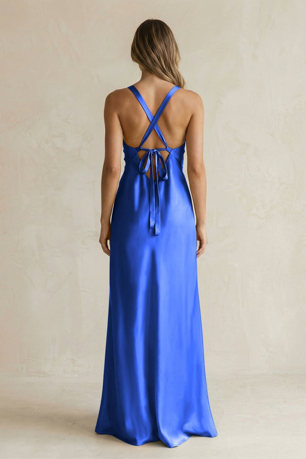 V - Neck Sheath Satin Bridesmaid Dress With Slit in Royal Blue - KissProm Bridesmaid Dresses