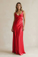 V - Neck Sheath Satin Bridesmaid Dress With Slit in Ruby Red - KissProm Bridesmaid Dresses
