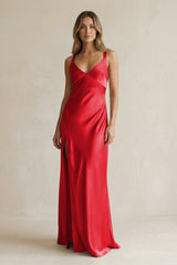 V - Neck Sheath Satin Bridesmaid Dress With Slit in Ruby Red - KissProm Bridesmaid Dresses