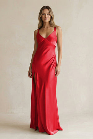 V - Neck Sheath Satin Bridesmaid Dress With Slit in Ruby Red - KissProm Bridesmaid Dresses