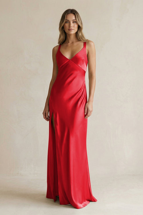 V - Neck Sheath Satin Bridesmaid Dress With Slit in Ruby Red - KissProm Bridesmaid Dresses