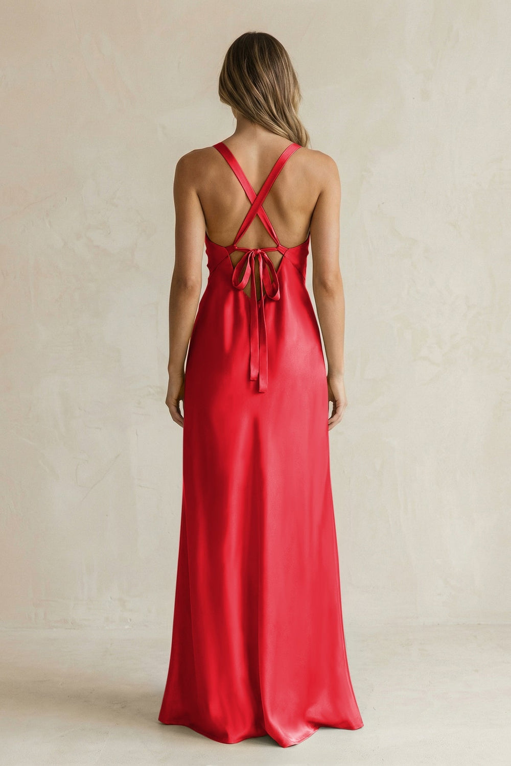 V - Neck Sheath Satin Bridesmaid Dress With Slit in Ruby Red - KissProm Bridesmaid Dresses