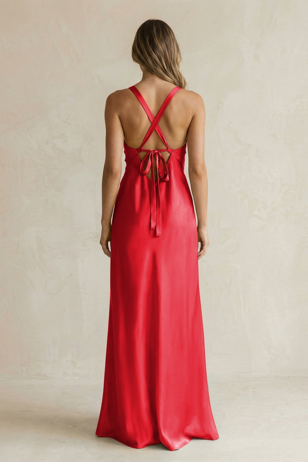 V - Neck Sheath Satin Bridesmaid Dress With Slit in Ruby Red - KissProm Bridesmaid Dresses