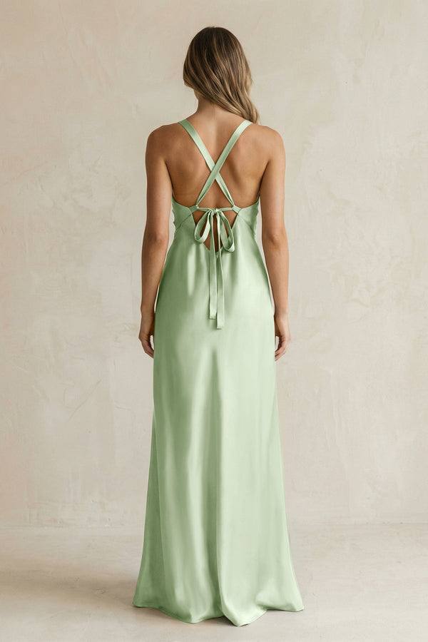 V - Neck Sheath Satin Bridesmaid Dress With Slit in Sage - KissProm Bridesmaid Dresses