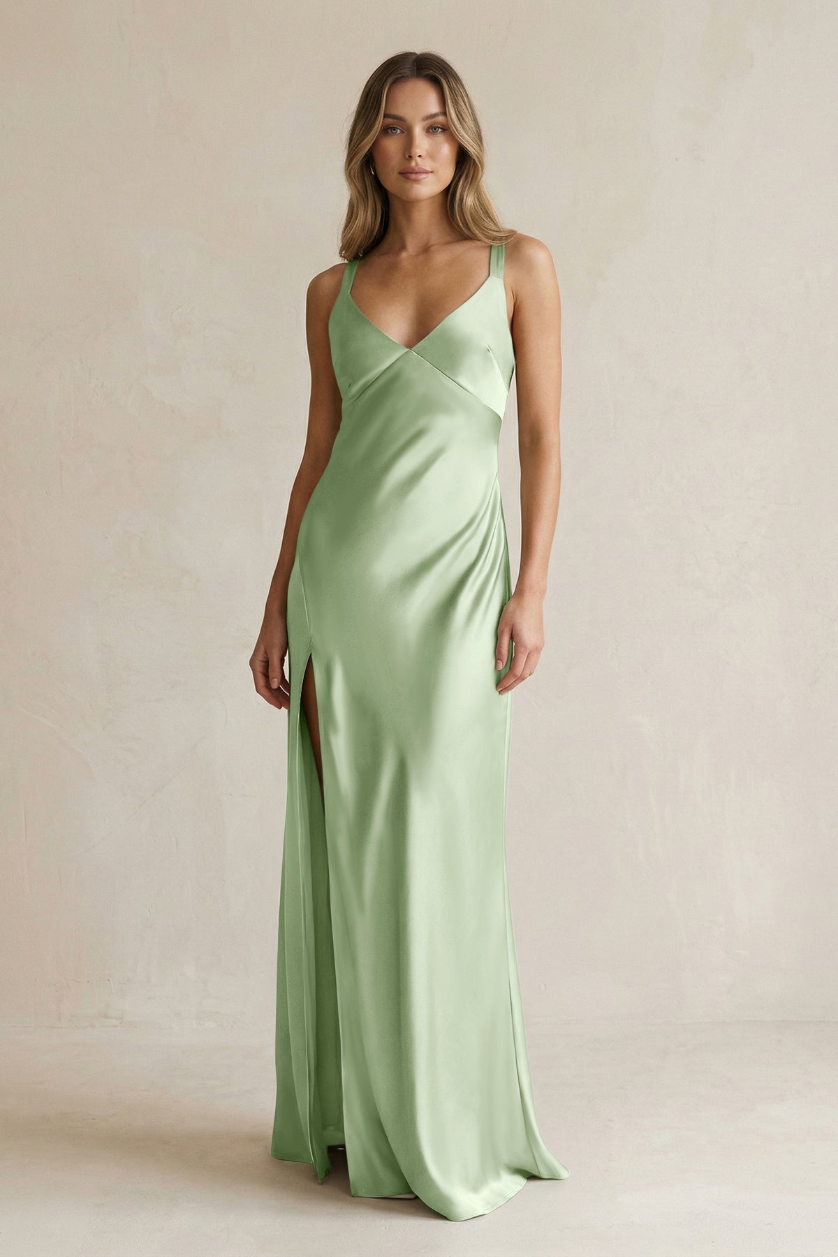 KissProm V-Neck Sheath Satin Bridesmaid Dress With Slit in Sage, Sage / 0