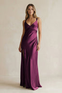 V - Neck Sheath Satin Bridesmaid Dress With Slit in Sangria - KissProm Bridesmaid Dresses