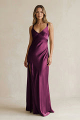 V - Neck Sheath Satin Bridesmaid Dress With Slit in Sangria - KissProm Bridesmaid Dresses
