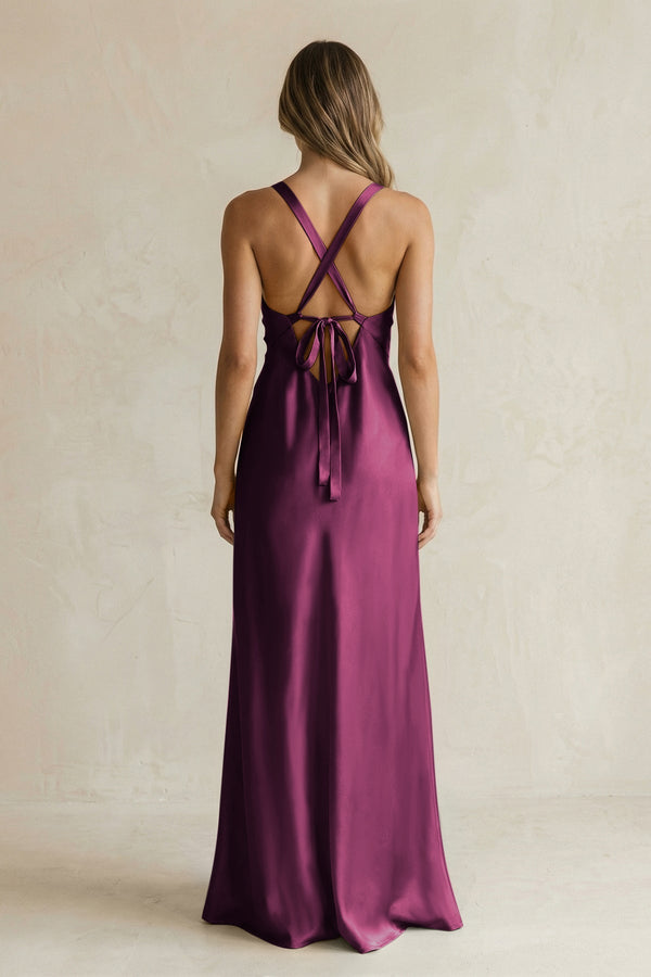 V - Neck Sheath Satin Bridesmaid Dress With Slit in Sangria - KissProm Bridesmaid Dresses