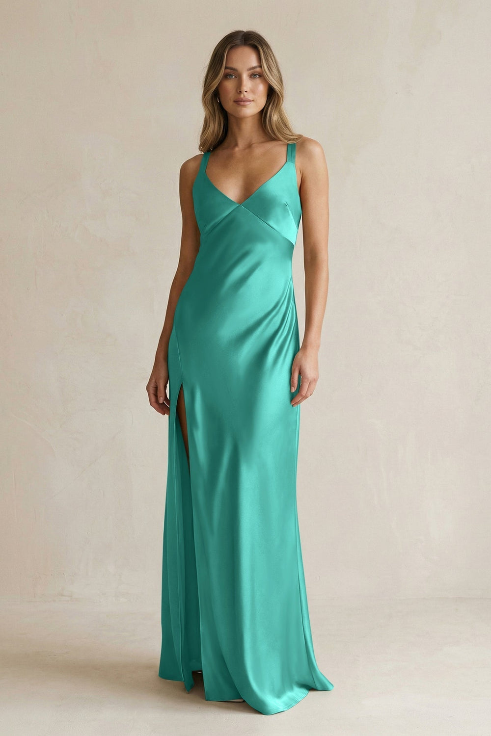 V - Neck Sheath Satin Bridesmaid Dress With Slit in Sea Glass - KissProm Bridesmaid Dresses