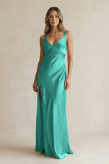 V - Neck Sheath Satin Bridesmaid Dress With Slit in Sea Glass - KissProm Bridesmaid Dresses