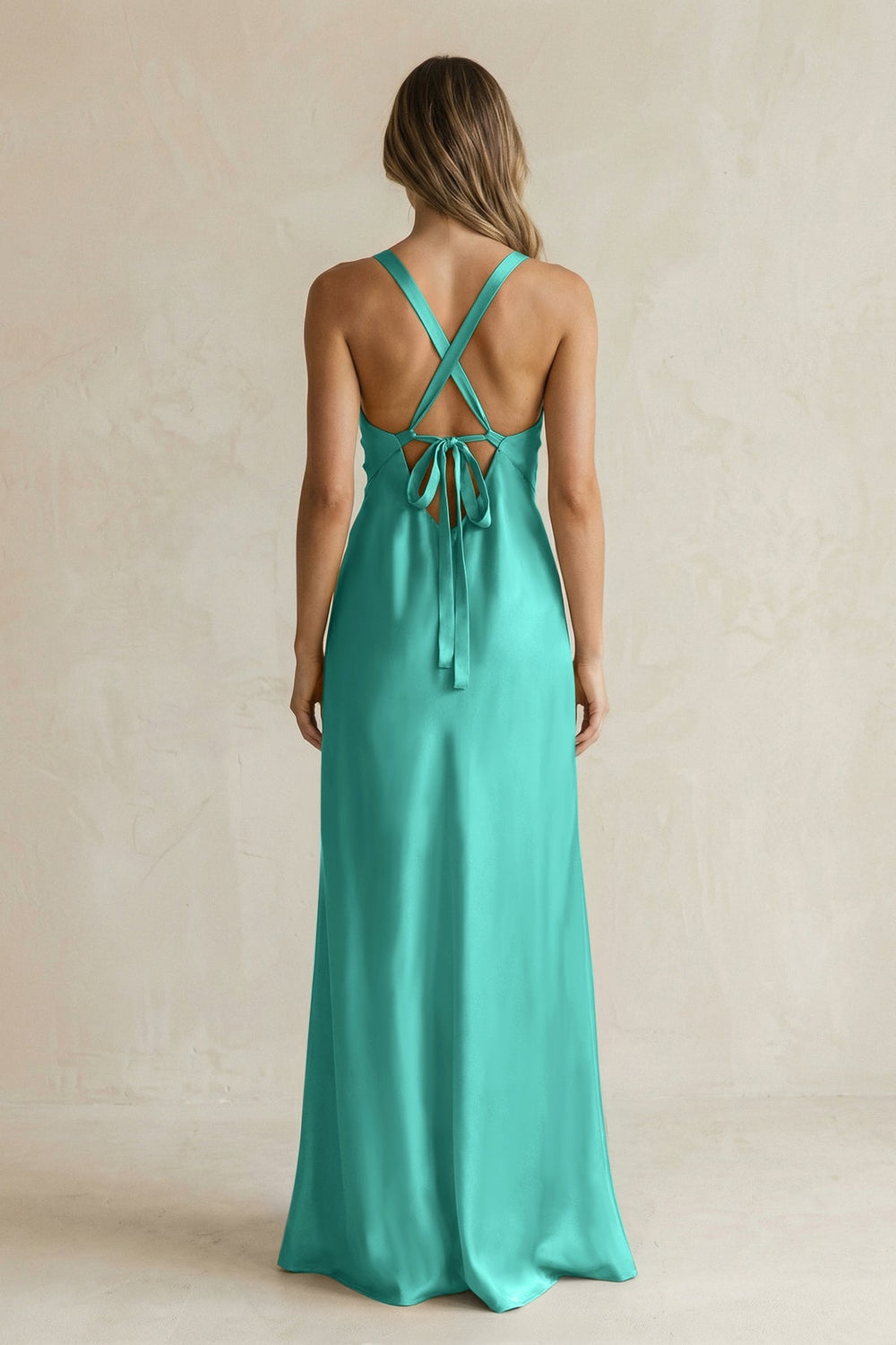 V - Neck Sheath Satin Bridesmaid Dress With Slit in Sea Glass - KissProm Bridesmaid Dresses