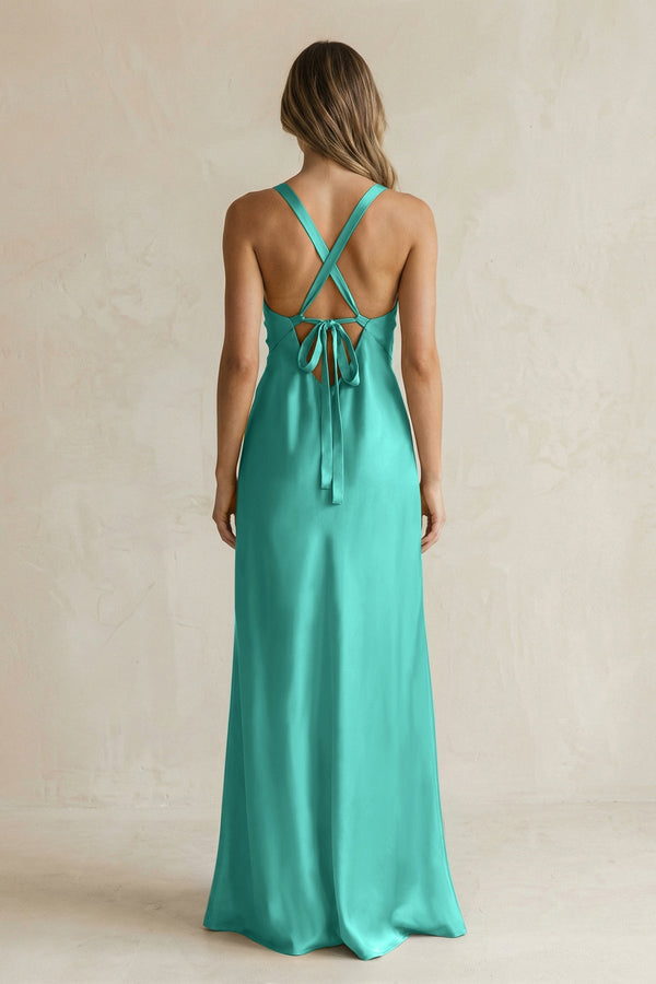 V - Neck Sheath Satin Bridesmaid Dress With Slit in Sea Glass - KissProm Bridesmaid Dresses