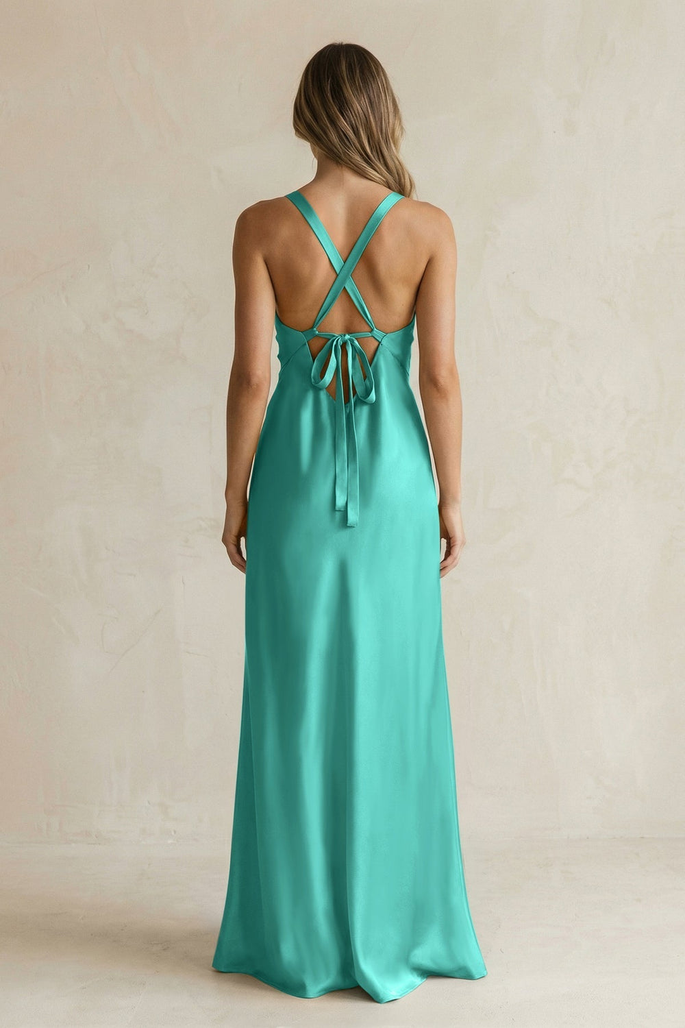 V - Neck Sheath Satin Bridesmaid Dress With Slit in Sea Glass - KissProm Bridesmaid Dresses