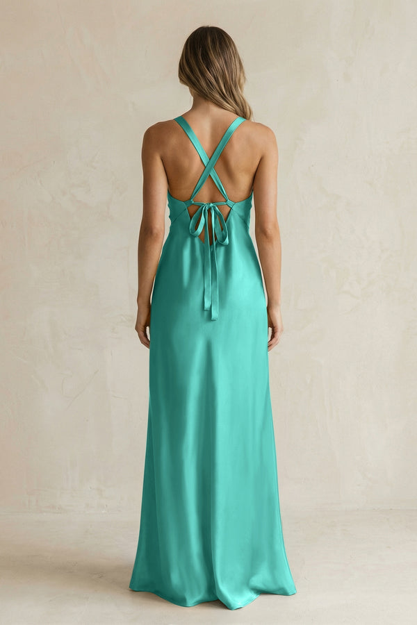 V - Neck Sheath Satin Bridesmaid Dress With Slit in Sea Glass - KissProm Bridesmaid Dresses