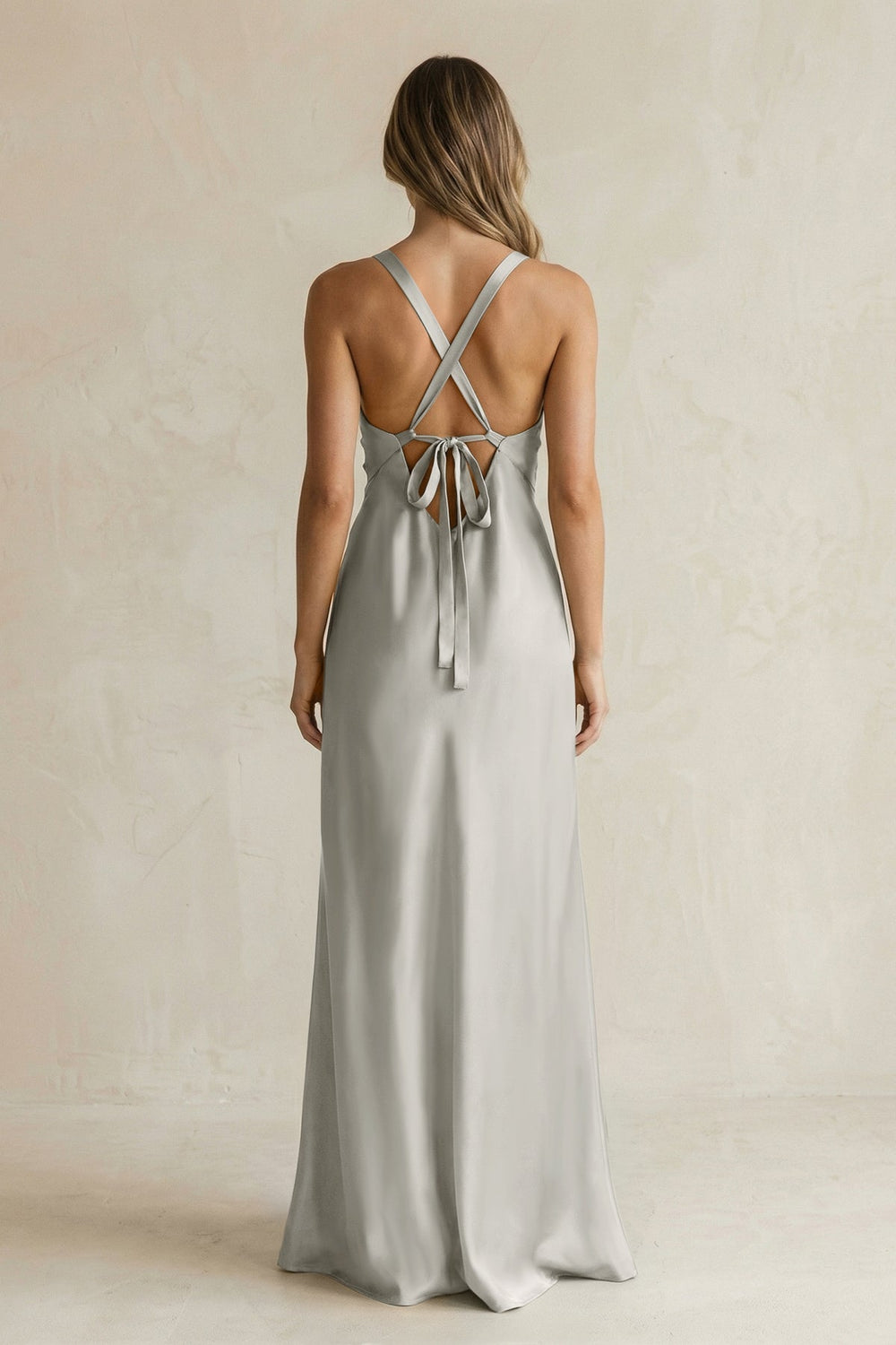 V - Neck Sheath Satin Bridesmaid Dress With Slit in Silver - KissProm Bridesmaid Dresses