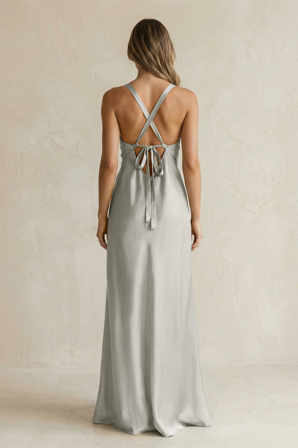 V - Neck Sheath Satin Bridesmaid Dress With Slit in Silver - KissProm Bridesmaid Dresses