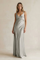 V - Neck Sheath Satin Bridesmaid Dress With Slit in Silver - KissProm Bridesmaid Dresses
