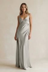V - Neck Sheath Satin Bridesmaid Dress With Slit in Silver - KissProm Bridesmaid Dresses