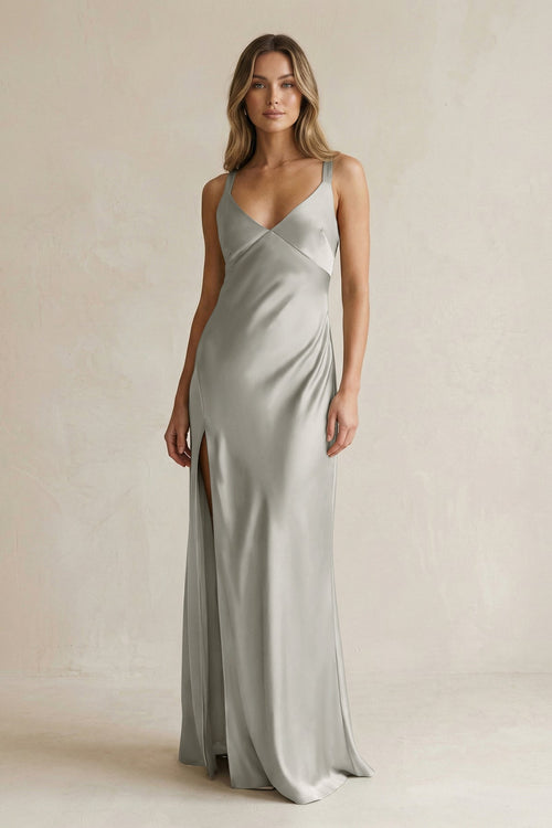V - Neck Sheath Satin Bridesmaid Dress With Slit in Silver - KissProm Bridesmaid Dresses