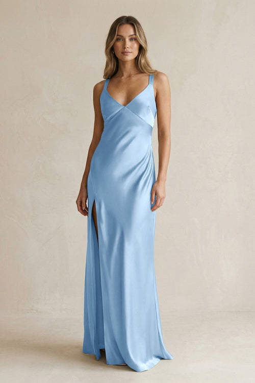 V - Neck Sheath Satin Bridesmaid Dress With Slit in Sky Blue - KissProm Bridesmaid Dresses