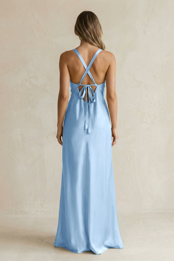 V - Neck Sheath Satin Bridesmaid Dress With Slit in Sky Blue - KissProm Bridesmaid Dresses