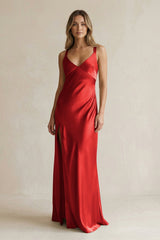 V - Neck Sheath Satin Bridesmaid Dress With Slit in Spice - KissProm Bridesmaid Dresses