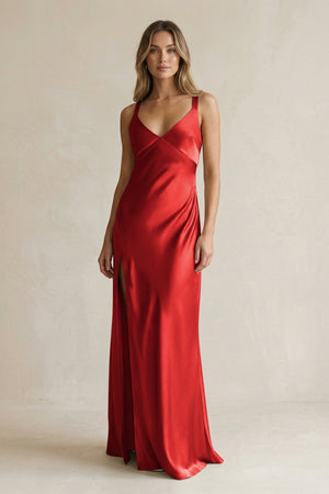 V - Neck Sheath Satin Bridesmaid Dress With Slit in Spice - KissProm Bridesmaid Dresses