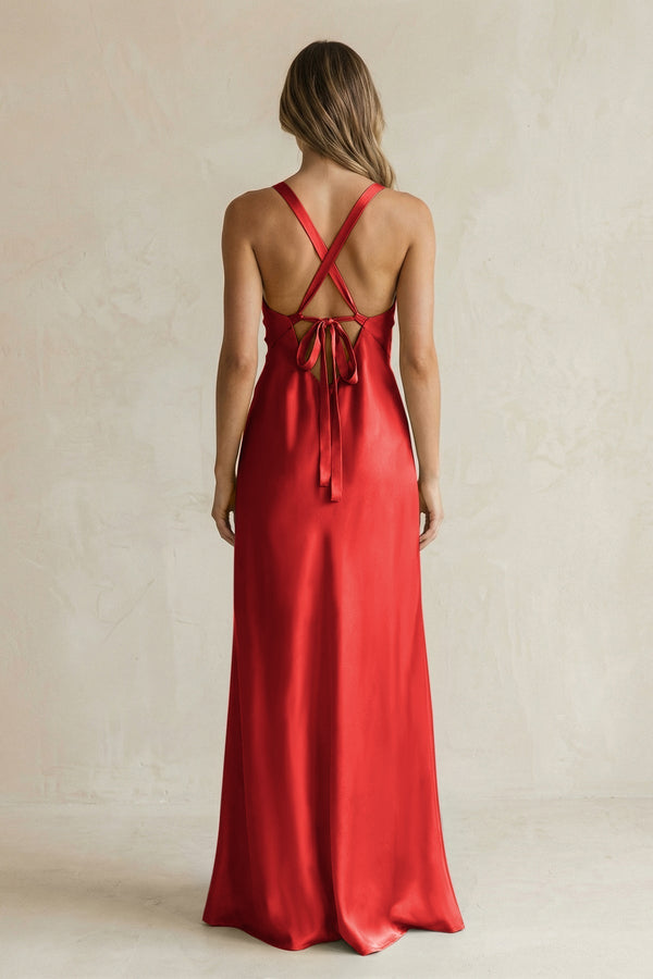 V - Neck Sheath Satin Bridesmaid Dress With Slit in Spice - KissProm Bridesmaid Dresses