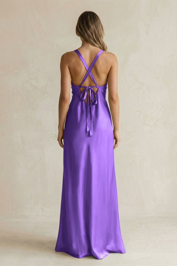 V - Neck Sheath Satin Bridesmaid Dress With Slit in Tahiti - KissProm Bridesmaid Dresses