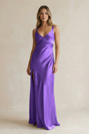 V - Neck Sheath Satin Bridesmaid Dress With Slit in Tahiti - KissProm Bridesmaid Dresses
