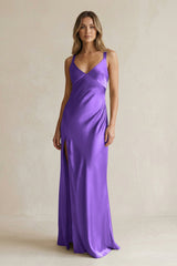 V - Neck Sheath Satin Bridesmaid Dress With Slit in Tahiti - KissProm Bridesmaid Dresses