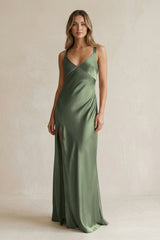 V - Neck Sheath Satin Bridesmaid Dress With Slit in Thyme - KissProm Bridesmaid Dresses