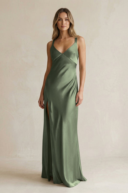 V - Neck Sheath Satin Bridesmaid Dress With Slit in Thyme - KissProm Bridesmaid Dresses