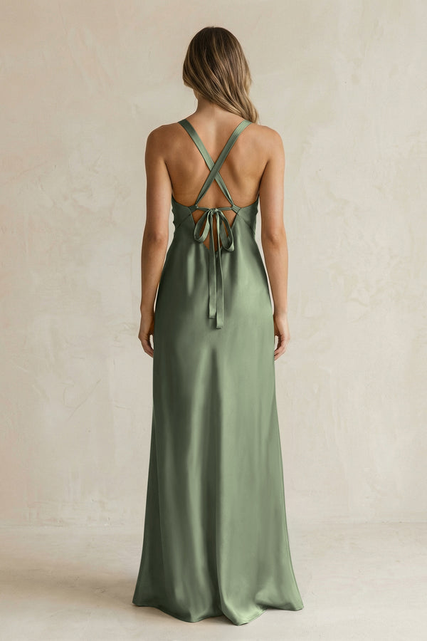 V - Neck Sheath Satin Bridesmaid Dress With Slit in Thyme - KissProm Bridesmaid Dresses