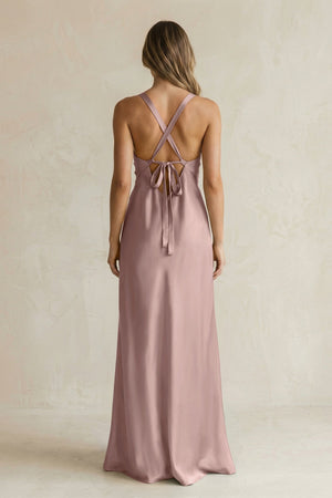 V - Neck Sheath Satin Bridesmaid Dress With Slit in Toffee - KissProm Bridesmaid Dresses