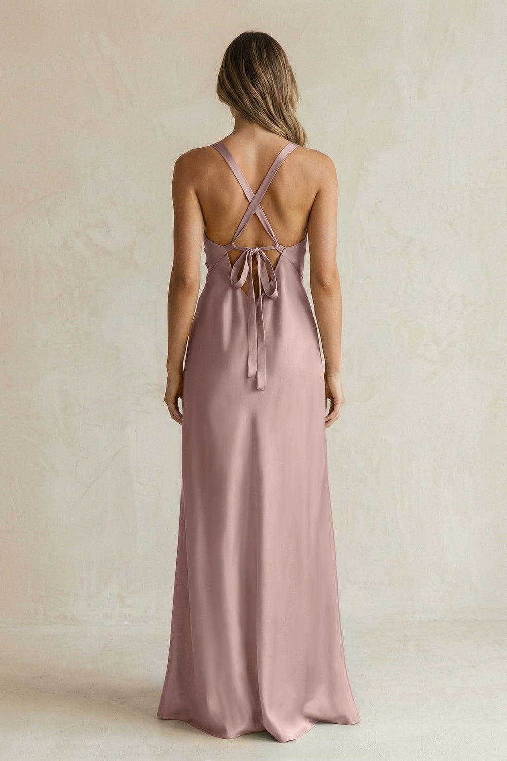 V - Neck Sheath Satin Bridesmaid Dress With Slit in Toffee - KissProm Bridesmaid Dresses