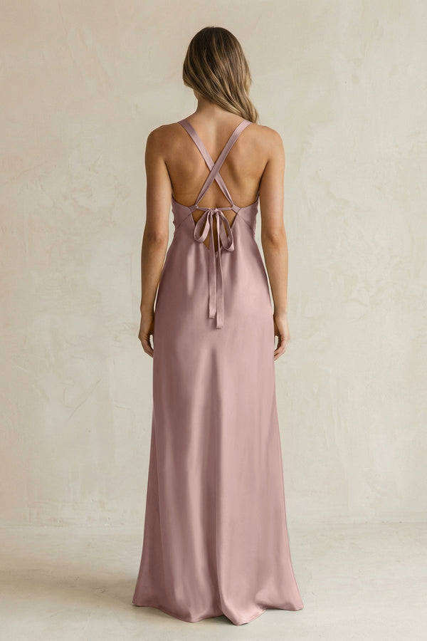 V - Neck Sheath Satin Bridesmaid Dress With Slit in Toffee - KissProm Bridesmaid Dresses