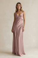 V - Neck Sheath Satin Bridesmaid Dress With Slit in Toffee - KissProm Bridesmaid Dresses