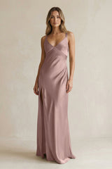 V - Neck Sheath Satin Bridesmaid Dress With Slit in Toffee - KissProm Bridesmaid Dresses