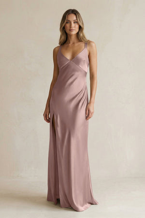 V - Neck Sheath Satin Bridesmaid Dress With Slit in Toffee - KissProm Bridesmaid Dresses