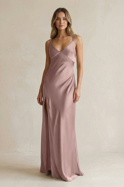 V - Neck Sheath Satin Bridesmaid Dress With Slit in Toffee - KissProm Bridesmaid Dresses