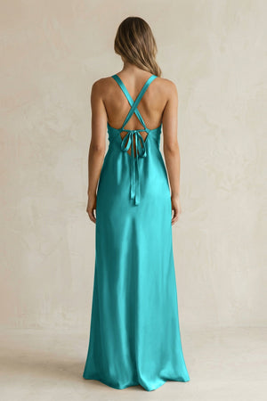 V - Neck Sheath Satin Bridesmaid Dress With Slit in Turquoise - KissProm Bridesmaid Dresses
