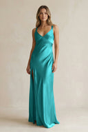 V - Neck Sheath Satin Bridesmaid Dress With Slit in Turquoise - KissProm Bridesmaid Dresses