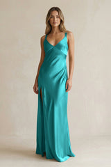 V - Neck Sheath Satin Bridesmaid Dress With Slit in Turquoise - KissProm Bridesmaid Dresses