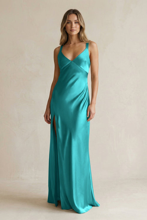 V - Neck Sheath Satin Bridesmaid Dress With Slit in Turquoise - KissProm Bridesmaid Dresses