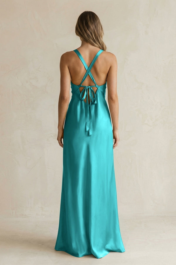 V - Neck Sheath Satin Bridesmaid Dress With Slit in Turquoise - KissProm Bridesmaid Dresses