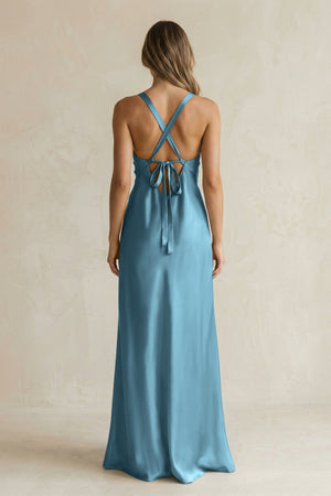 V - Neck Sheath Satin Bridesmaid Dress With Slit in Twilight - KissProm Bridesmaid Dresses